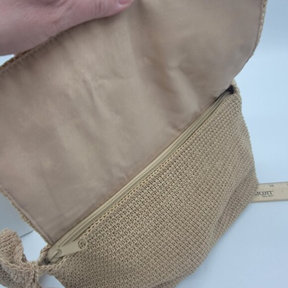 Tan Handbag with Applique Crochet Shoulder Bag Matching Attached Coin Purse - Picture 8 of 12